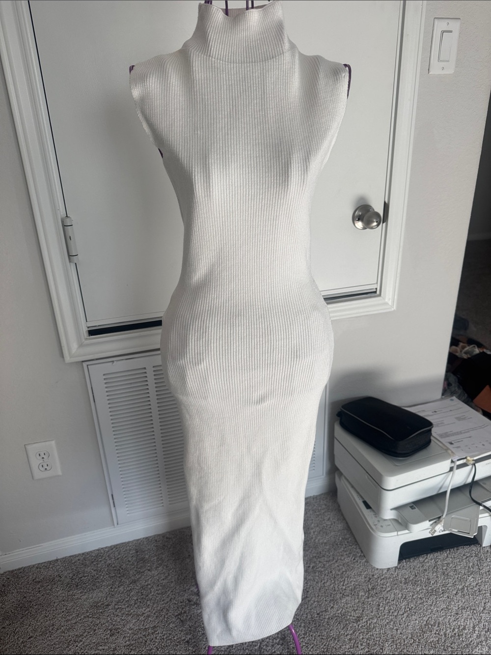 PrettyGarden White Ribbed Turtleneck Maxi Dress with jacket Shrug - Picture 2 of 6